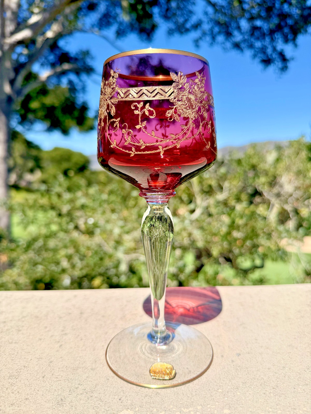 Antique Bohemian Cordial Glass Cranberry Etched Gold Gilt Czech Stemware 7.5"